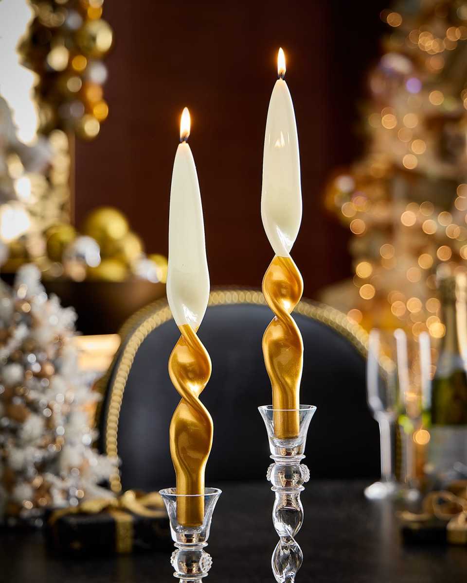 Cream and Gold Twisted Candles, Set of 2